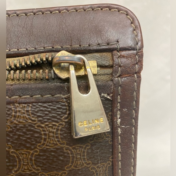 Celine Vintage Triomphe Canvas, Macadam Leather Clutch Wristlet Cosmetic Pouch - Picture 9 of 11